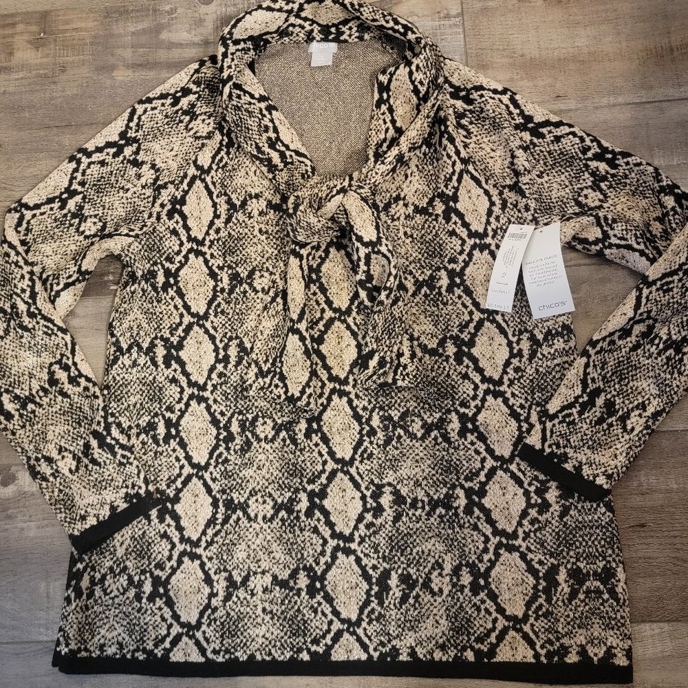 Chico's NWT size 2 black and gold sweater pullover v-neck tie front